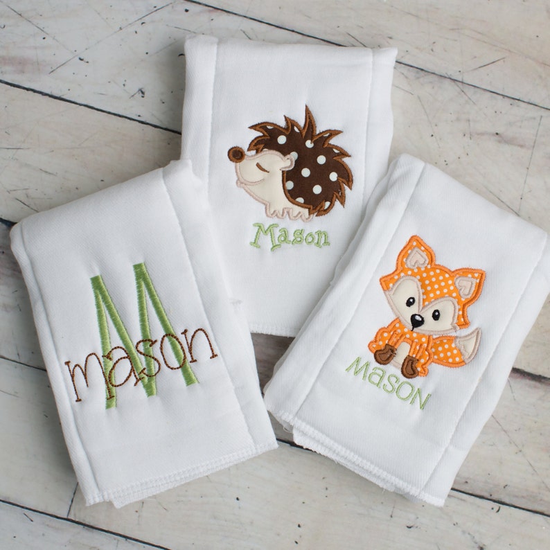 3 Personalized Embroidered Burp Cloths Woodland Theme Fox Etsy