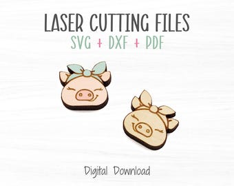 Bandana Pig Laser SVG File, Laser Cut and Engraved Wood Earrings and Craft Projects Template File