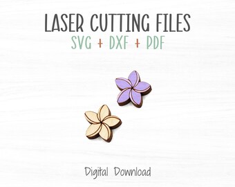 May include: Two laser cut flower designs, one in a light wood colour and one in a light purple colour. The text "LASER CUTTING FILES SVG + DXF + PDF" is above the flowers. The text "Digital Download" is below the flowers.