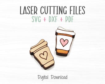バレンタイン コーヒー スタッド イヤリング レーザー SVG ファイル、Glowforge を含むレーザー彫刻機用のカットおよび彫刻テンプレート