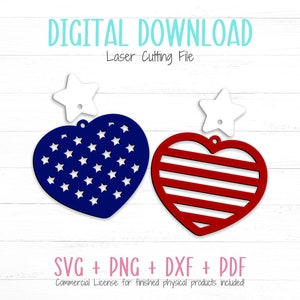 Fourth of July oorbellen SVG-bestand knippen, 4 juli SVG-bundel, laser oorbellen SVG, Glowforge-bestand, Amerikaanse vlag Stars & Stripes hart Svg