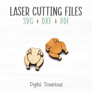 May include: Two laser cut wooden turkey designs, one brown and one natural wood color. The text "LASER CUTTING FILES SVG + DXF + PDF" is above the turkeys. The text "Digital Download" is below the turkeys.