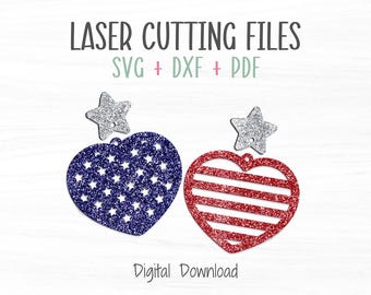Fourth of July Earrings SVG Cut File, 4th of July SVG Bundle, Laser Earrings SVG, Glowforge File, American Flag Stars & Stripes Heart Svg