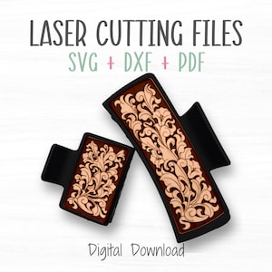 May include: Two black hair clips with a decorative floral design in shades of brown and peach. The text "LASER CUTTING FILES SVG + DXF + PDF" is above the clips. The text "Digital Download" is below the clips.