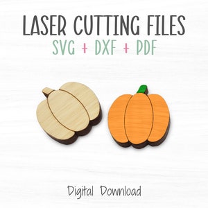 May include: Two pumpkin SVG cut files, one in orange and one in natural wood. The files are for laser cutting and include SVG, DXF, and PDF formats. Digital download.