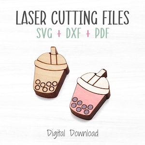 May include: Two digital cut files for laser cutting of bubble tea cups. One cup is brown with white boba pearls and the other is pink with purple boba pearls. The text "LASER CUTTING FILES" and "SVG + DXF + PDF" is above the cups. The text "Digital Download" is below the cups.