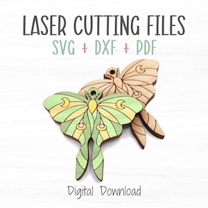 May include: Two laser cut butterfly designs, one green and yellow, the other brown. The text "LASER CUTTING FILES SVG + DXF + PDF" is above the butterflies. The text "Digital Download" is below the butterflies.