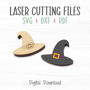 May include: Two witch hats, one in black and one in natural wood, with a yellow buckle and purple trim. The text "LASER CUTTING FILES SVG + DXF + PDF" is above the hats. The text "Digital Download" is below the hats.