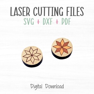 Pode incluir: Duas estrelas de madeira cortadas a laser, uma com um padrão geométrico castanho e laranja e a outra com um contorno preto. O texto "LASER CUTTING FILES SVG + DXF + PDF" está acima das estrelas. O texto "Download digital" está abaixo das estrelas.