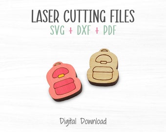 May include: Two laser cut backpack designs, one in pink and one in natural wood. The designs are simple and include a pocket and a zipper. The text "LASER CUTTING FILES SVG + DXF + PDF" is above the designs. The text "Digital Download" is below the designs.