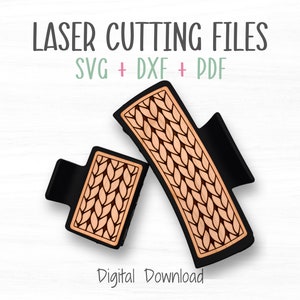 May include: Two black hair clips with a wood-like pattern of a knitted design. The text "LASER CUTTING FILES SVG + DXF + PDF" is above the clips. The text "Digital Download" is below the clips.