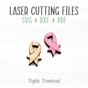 Puede incluir: Dos recortes de cinta de madera, uno rosa y otro beige, sobre un fondo de madera blanco. El texto "LASER CUTTING FILES SVG + DXF + PDF" está por encima de las cintas. El texto "Digital Download" está por debajo de las cintas.