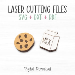 Puede incluir: Archivos de descarga digital para cortar con láser una galleta de chocolate y un cartón de leche. La galleta es marrón con chispas de chocolate y el cartón de leche es blanco con la palabra "LECHE" impresa en él.