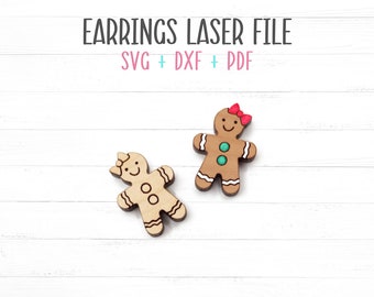 Christmas Gingerbread Girl Stud Earrings Laser SVG File, Cut and Score File for Fast Cutting on a Glowforge Laser, Stud Earrings Template