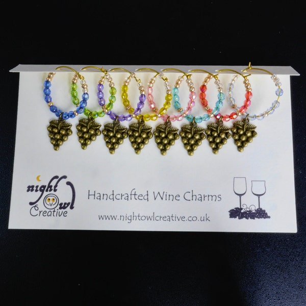 Wineglass Charms, Set of 8 Wine Charms, Drink Markers, Antique Bronze Grapes, Gold Plated Hoops, Handmade Table Decor