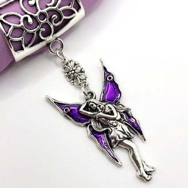 Purple Fairy Scarf Ring with Enamelled Wings, Scarf Jewellery, Slider Pendant, Scarf Pendant, Best Seller, Stocking Filler Gift