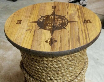 Make a statement with this Nautical style Rope Accent Table. Hand stained Compass rose design. - 18" round. Rope table, Spool table