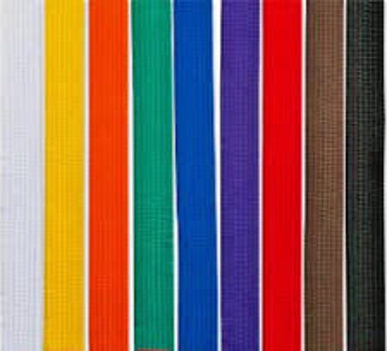 May include: A set of 10 martial arts belts in different colors, including white, yellow, orange, green, blue, purple, red, brown, and black.