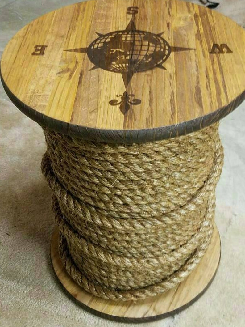 Make a statement with this Nautical style Rope Accent Table. Hand stained Compass rose design. 18 round. Rope table, Spool table image 5