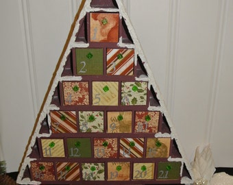 Advent Calendar Tree with glistening snow! Glass Knobs- A great Christmas Family Tradition
