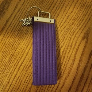 May include: A purple fabric belt with a silver buckle and a small silver charm attached to a key ring.
