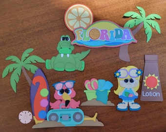 Florida Paper Piecing: Alligator, Flamingo, Surfboard – Scrapbook Embellishments (11 Piece Set)