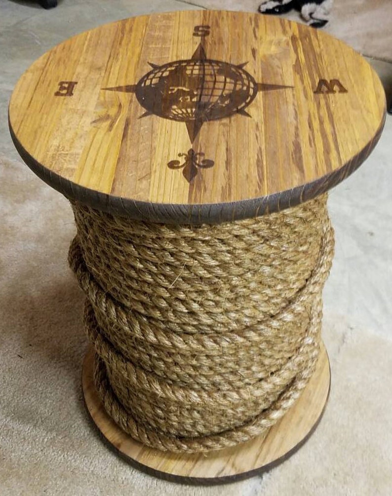 Make a statement with this Nautical style Rope Accent Table. Hand stained Compass rose design. 18 round. Rope table, Spool table image 2