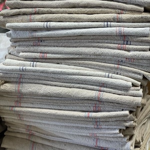10 Red & Blue Striped grain sacks-TEN grain sack bags Bundle