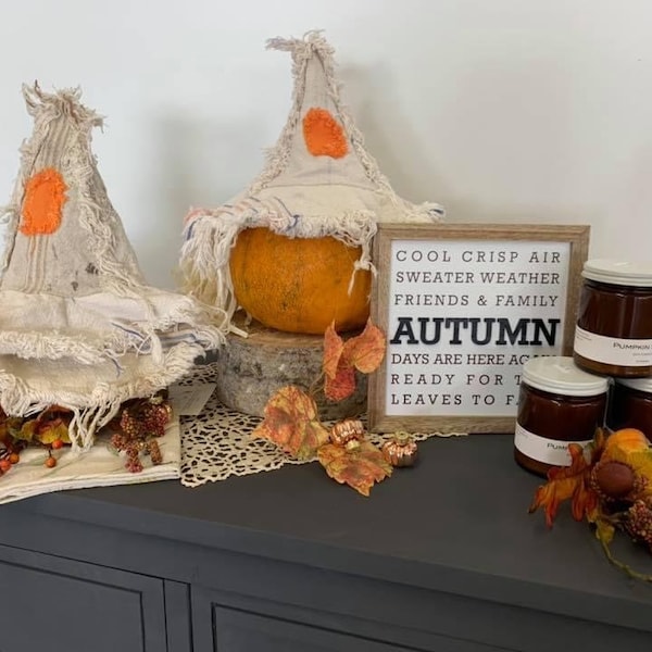 Grain Sack Scarecrow Hat-Fall Decor. Pumpkin topper. Farmhouse Style. Frayed patchy goodness.