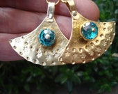 Hammered Bronze Turquoise Czech Glass Riveted Beads Unique Earrings Gold Blue Handcrafted Earrings Stamped Bronze Blade Fan Earrings