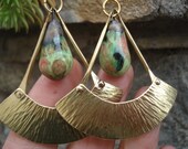 Hammered Bronze Porcelain Bronzy Mixed Melon Glaze Beads Earrings Riveted Pendulum-Fan Earrings Bronze Blade Ceramic Beads Unique Earrings