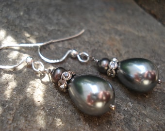 Sterling Silver and Grey Pearls Teardrops Earrings Rhinestones and Pearls Bridal Earrings Marriage Gray Pearls Sterling 925 Earrings