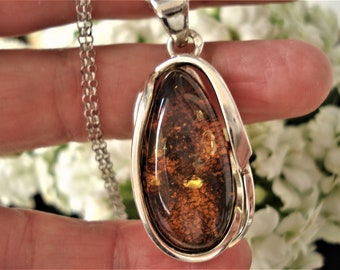 Genuine Baltic Amber Necklace Sterling Silver 925 Cognak Amber Oval Pendant Tear Drop Amber Pendant with Sterling Silver Chain Amber Pendant