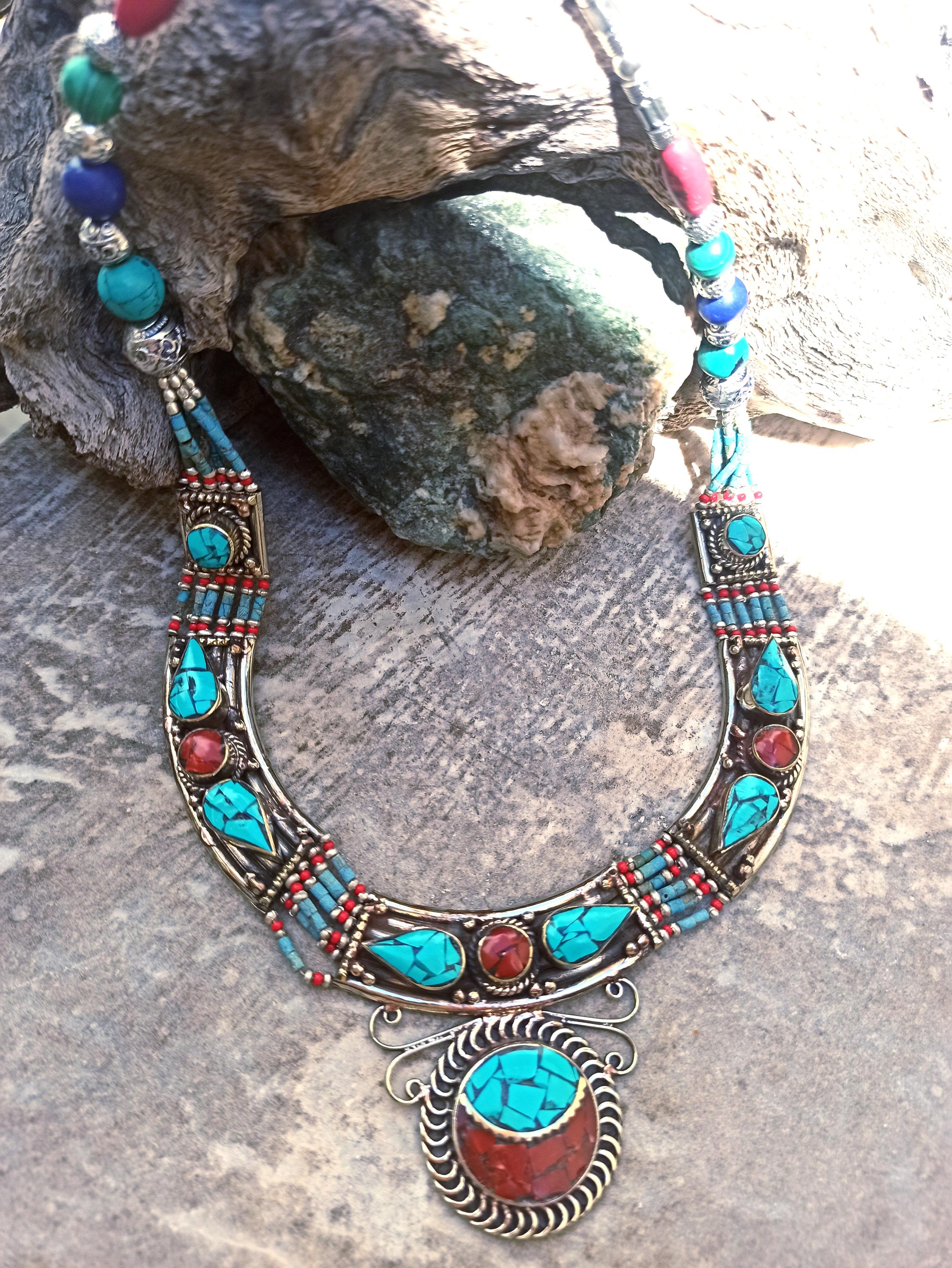 Collier Artisanal Népalais En Argent 925 - Pierres Naturelles : Lapis-lazuli Et Corail Jaune