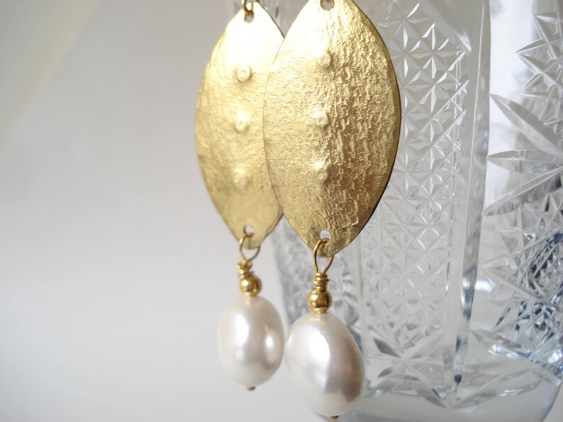 Hammered Bronze White Coin Pearls Earrings Christmas Gift for Etsy