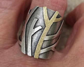 Mixed Metal Ring Hammered Silver and Bronze Cuff Ring Unique Modern Statement Adjustable Ring Soldered Big Band Ring Metalwork Ring