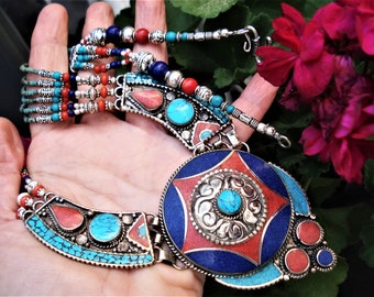 Tibetan Nepalese Necklace Turquoise Coral Lapis Lazuli Sterling Silver Necklace Genuine Collectible Ethnic Necklace Tribal Vintage Necklace