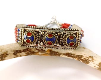 Bracelet Ancien Népalais – Corail Rouge, Turquoise, Argent Plaqué, Longueur 7 Pouces, Fait Main En Inde, Neuf