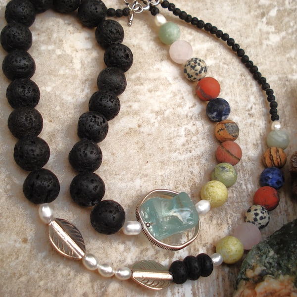 Black Lava Necklace Santorini Lava and Colorful Picasso Agates Necklace Volcanic Lava Stones Pearls and Silver Leaves Handmade Greek Jewelry