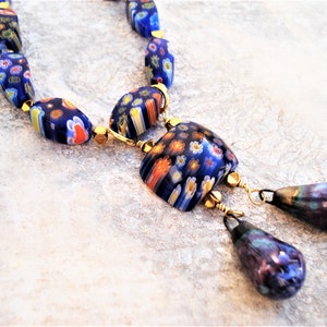 Set Millefiori Necklace and Earrings Italian Murano Glass Beads Lampwork and Porcelain Beads Necklace Blue and Gold Hematite Unique Necklace image 6