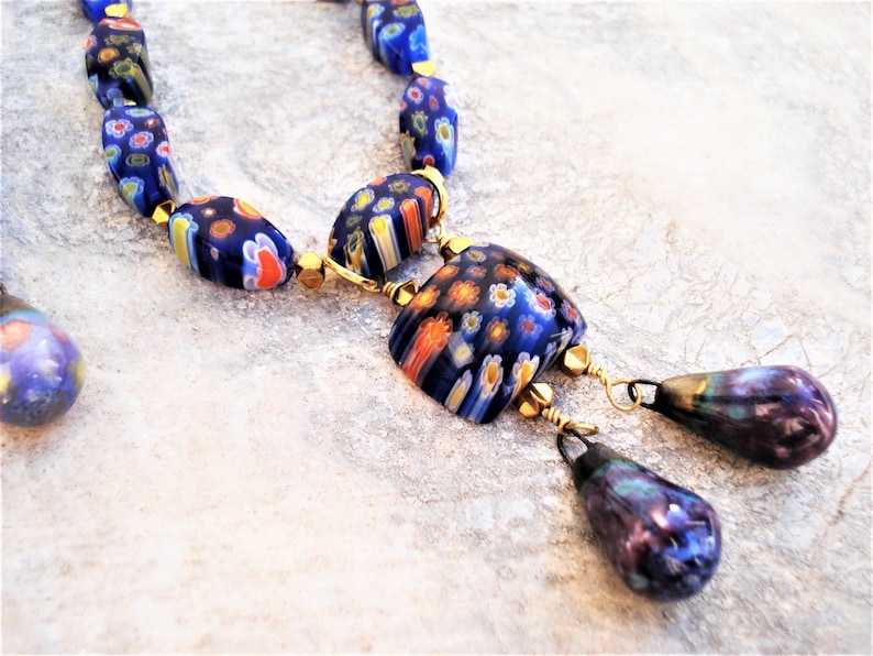 Set Millefiori Necklace and Earrings Italian Murano Glass Beads Lampwork and Porcelain Beads Necklace Blue and Gold Hematite Unique Necklace image 6