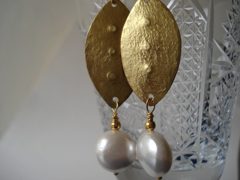 Hammered Bronze White Coin Pearls Earrings Christmas Gift for Etsy