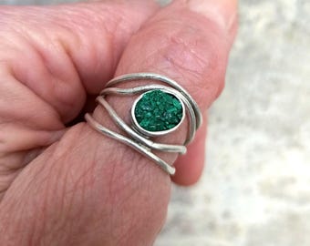 Malachite Silver Ring Green Gemstone Adjustable Ring Modern Oval Ring