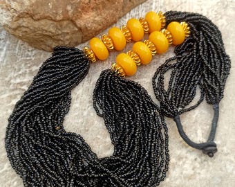 Vintage Tibetan Multi Strand Seed Bead Necklace, Butterscotch Amber, Nepal Jewelry 33 Inches