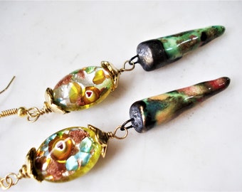 Dichroic Klimt Murano Millefiori Earrings Porcelain Spikes Beads Earrings Yellow Green Venecian and Ceramic Beads Dangle Unique Earrings