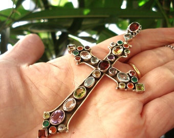 Huge Gemstones Cross Natural Stones Cross Pendant Sterling Silver 925 Cross Multi Color Cross Necklace set in 925 Sterling Silver Chain