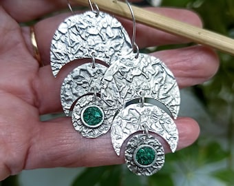 Sterling Silver Malachite Crescent Earrings Double Crescents and Full Moon with Green Gemstone Earrings Handtextured Large Earrings