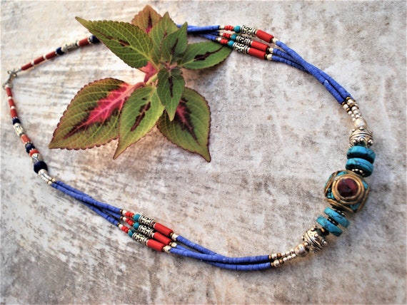 Nepalese Necklace Tibetan Turquoise Coral Lapis L… - image 4