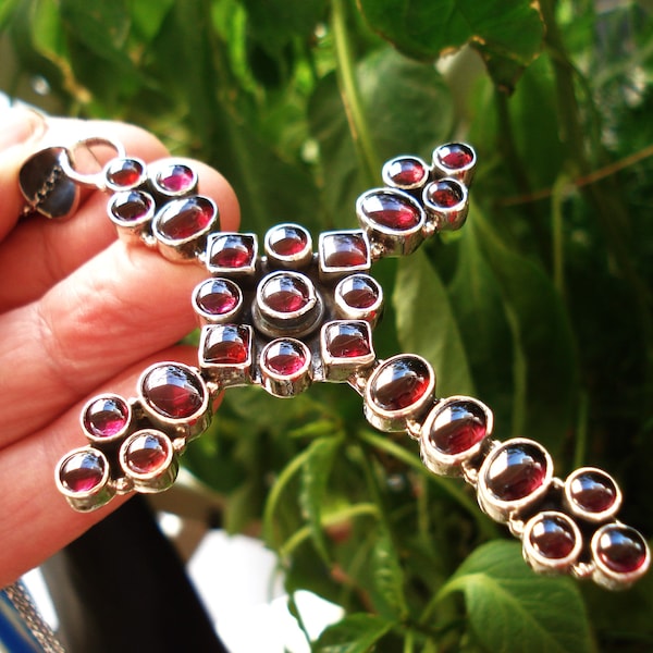 Large Natural Garnet Cross set in Sterling Silver 925 Huge Cross Pendant Garnet Cross Necklace set in 925 Sterling Silver Chain