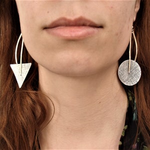 Geometric Earrings Hammered Silver and Bronze Asymmetrical Earrings Unique Mixed Metal Circle and Triangle Modern Long and Large Earrings
